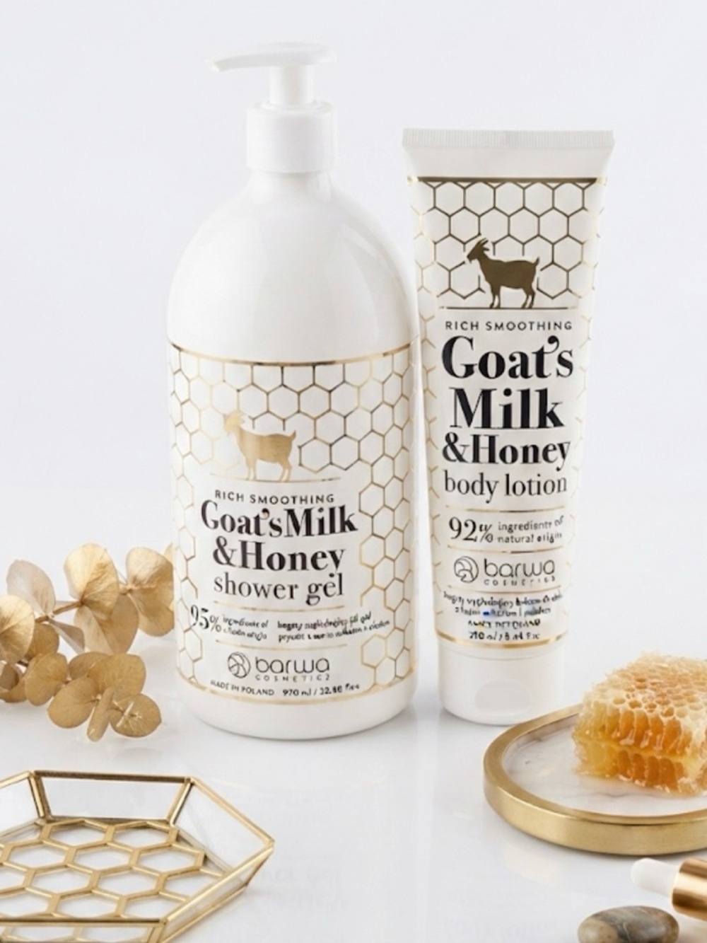 Barwa Goat's Milk & Honey Shower Gel & Body Lotion - White & Gold Made in Poland